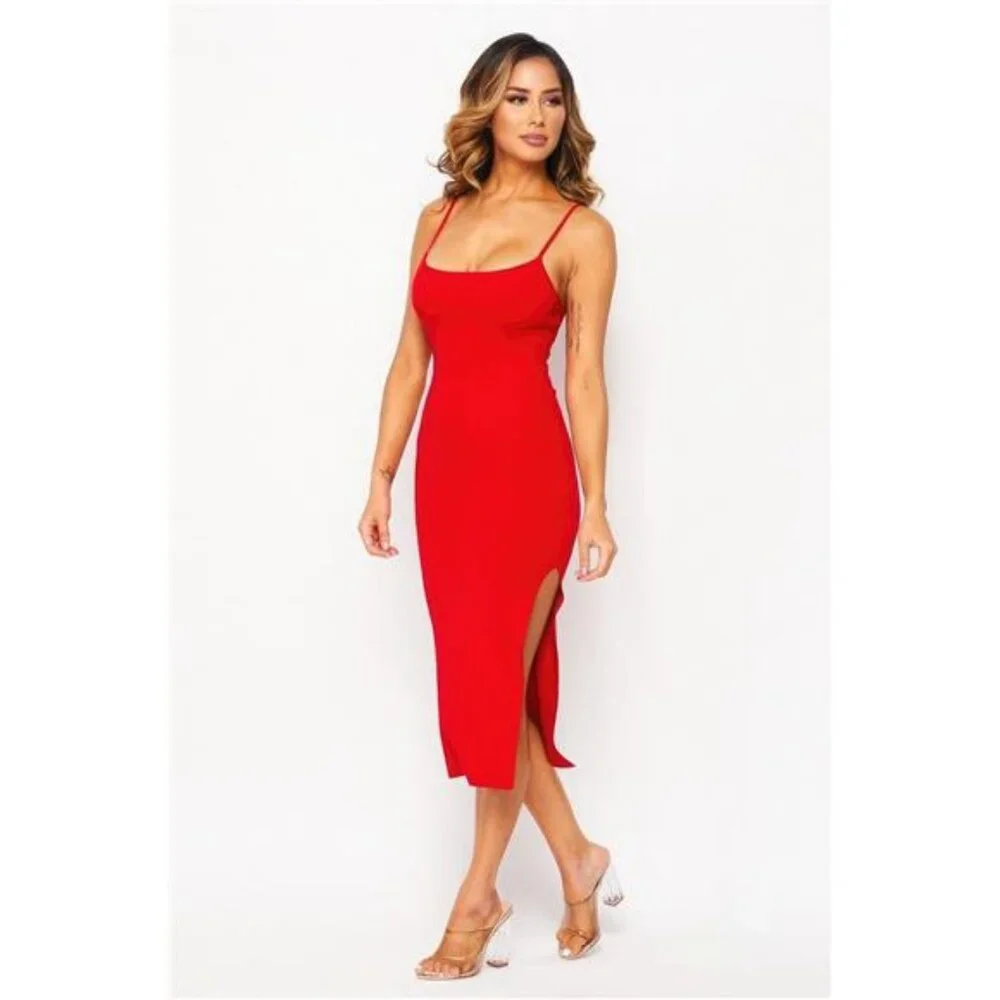 Red Side Slit Cami Dress - Picture 3 of 5